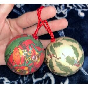 Vintage Set of 2 Paper Mache Decoupage Christmas Ornaments